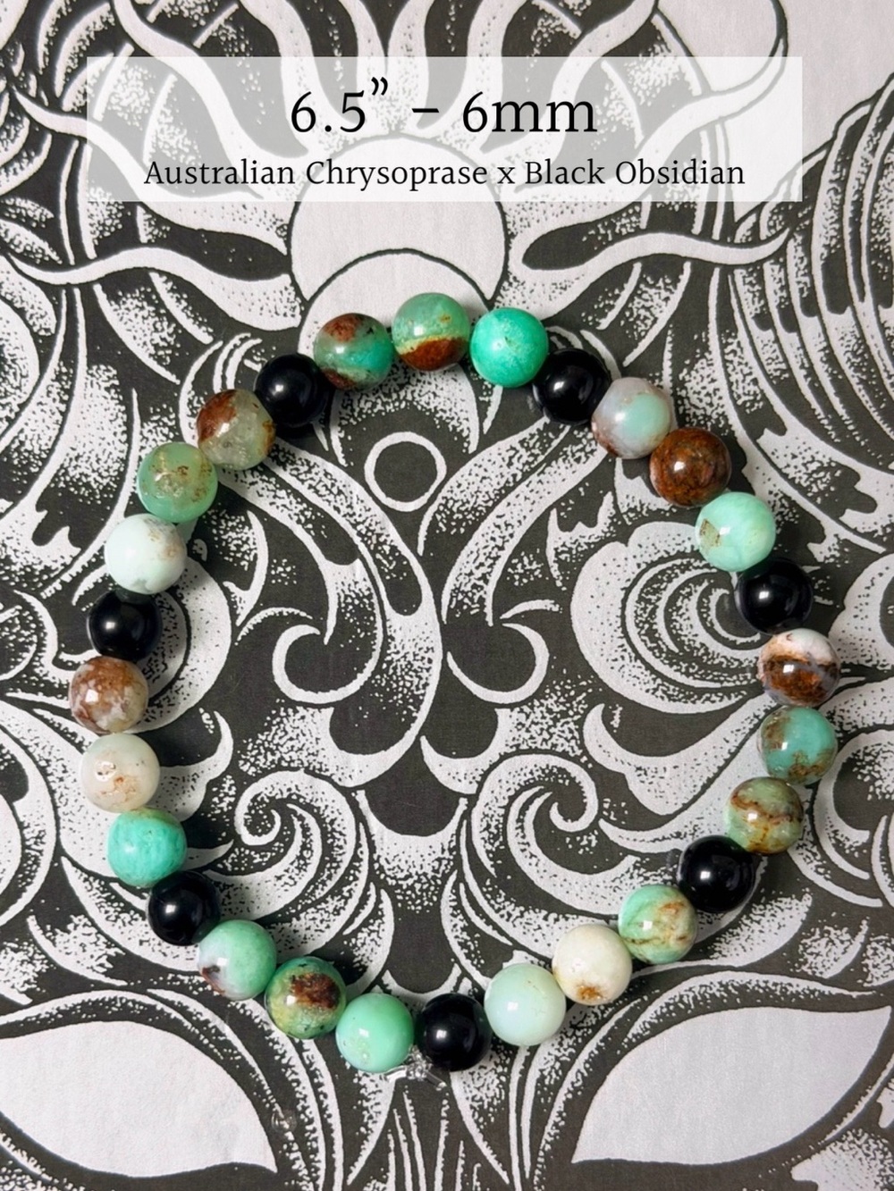 6.5” Australian Chrysoprase + Black Obsidian — 6MM